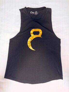 ZYIA Black Tank Top with Metallic Gold Kettlebell Graphic